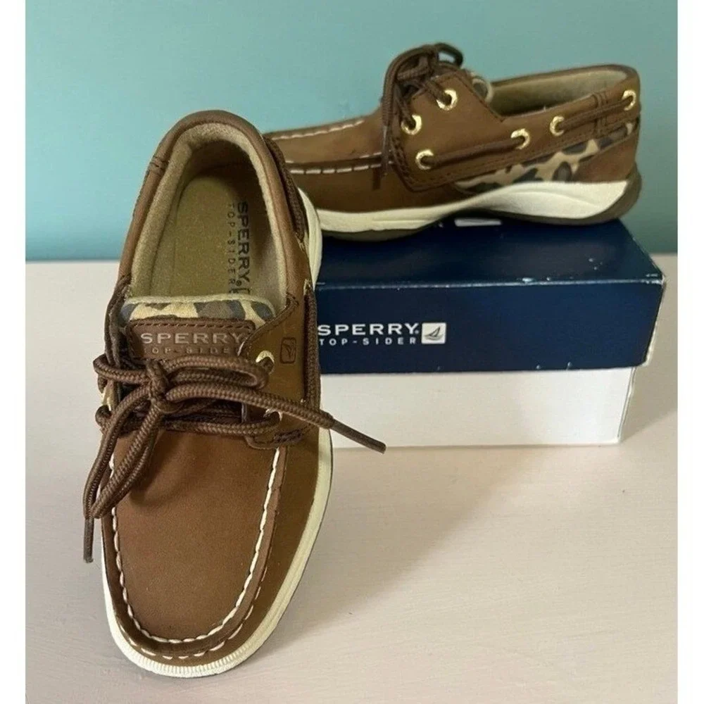 Sperry Top-Sider Girls Leopard Print Brown Boat Shoes Lace Up Comfort Size 9M